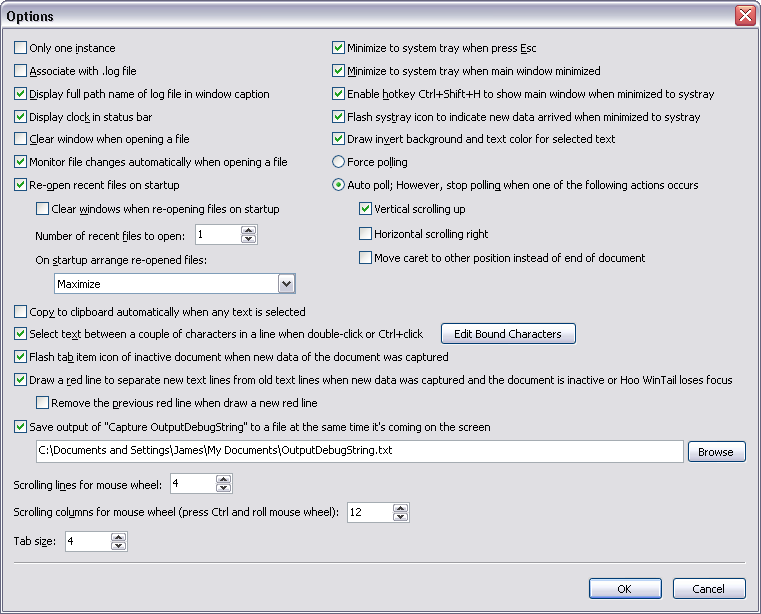 Hoo WinTail Options