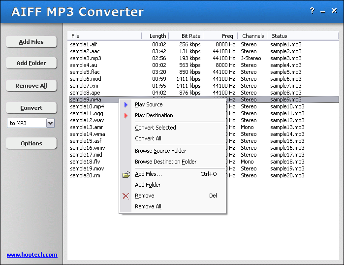 Convert AIFF to MP3 and MP3 to AIFF and support 100 files and batch conversion.