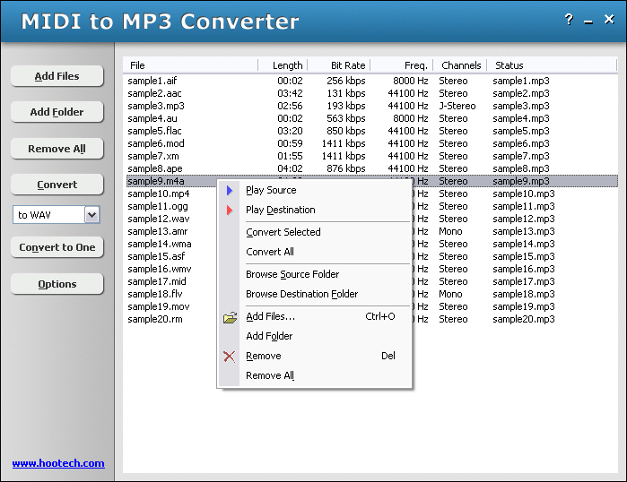 Convert MIDI to MP3 and MIDI to WAV and support batch conversion and 120 files.
