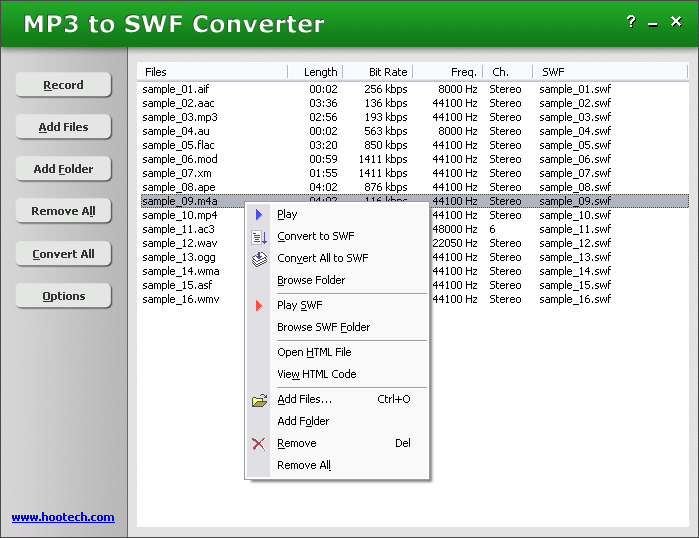 Convert MP3, WAV, AAC, M4A, WMA, OGG files to SWF and support batch conversion.