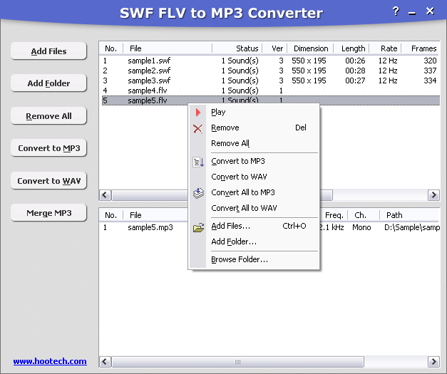 SWF FLV to MP3 Converter converts SWF and FLV into MP3 and WAV formats in batch.