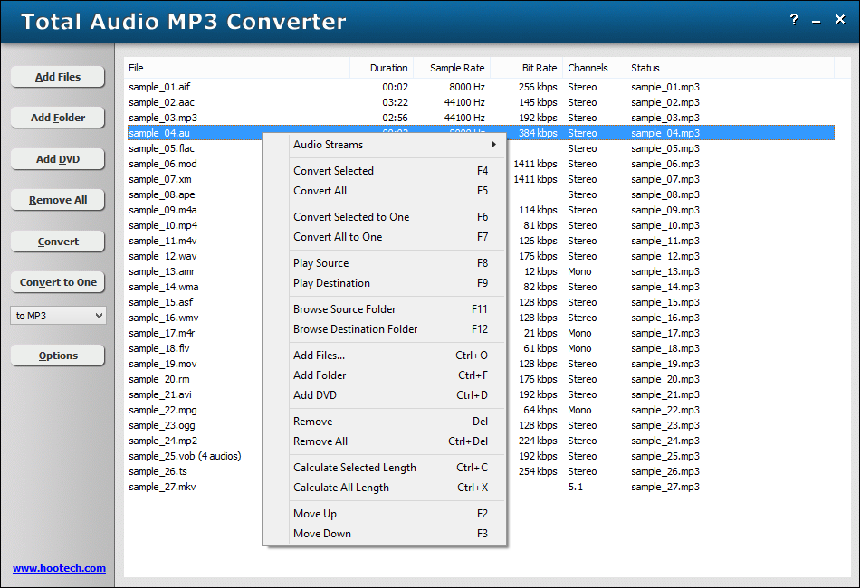 Converts 270 audio and video formats to 25 audio formats, and joins/trims audio.